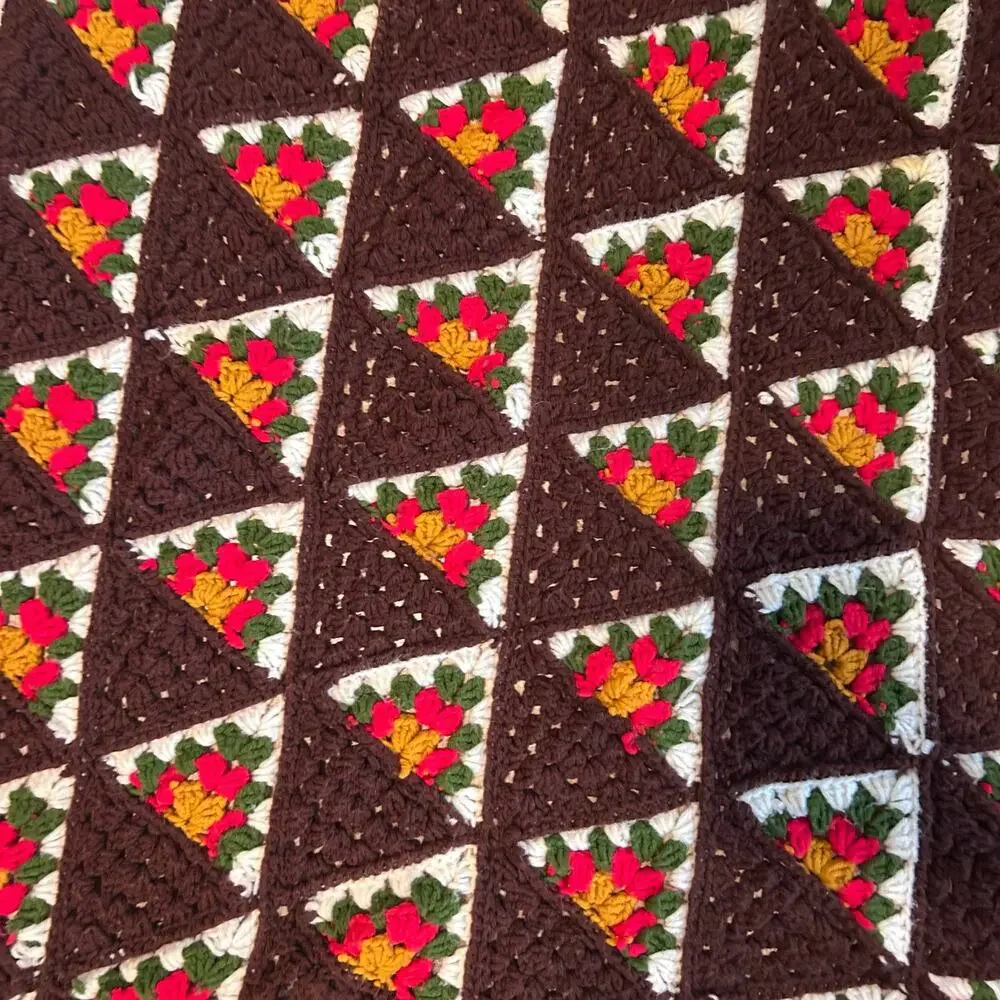 Vintage Hand Crocheted Brown Floral Basket Granny Square Afghan Throw 46x77
